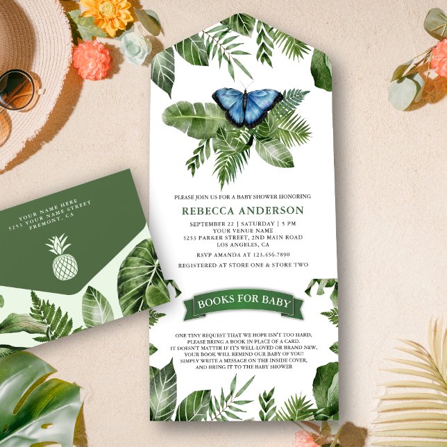 Rustic Tropical Jungle Blue Butterfly Baby Shower All In One Invitation (Creator Uploaded)