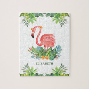 Rustic Tropical Jungle Cute Floral Flamingo Name Jigsaw Puzzle