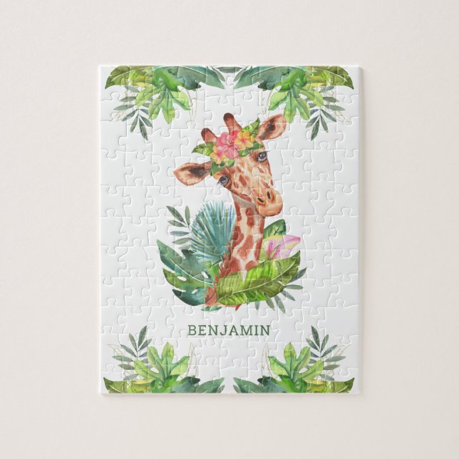 Rustic Tropical Jungle Safari Cute Giraffe Name Jigsaw Puzzle (Vertical)