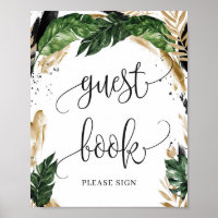 Rustic tropical leaves flowers guest book sign
