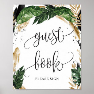 Rustic tropical leaves flowers guest book sign