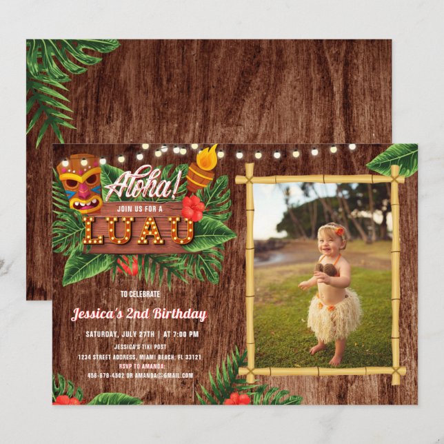 Rustic Tropical Luau Photo Birthday Invitation (Front/Back)