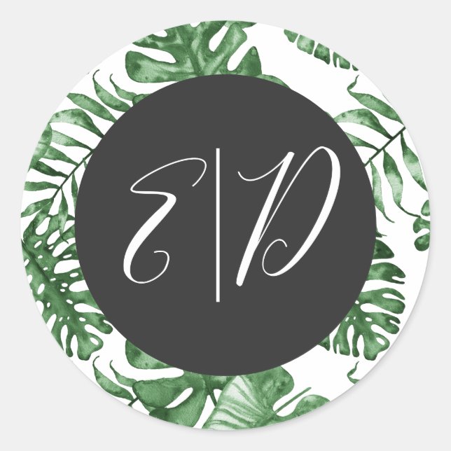 Rustic Tropical Nature Botanical Greenery Wedding Classic Round Sticker (Front)