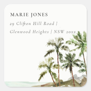 Rustic Tropical Palm Tree Beach Sand Address Square Sticker