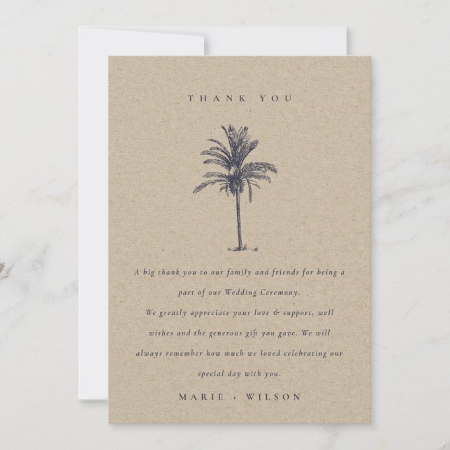 Rustic Tropical Palm Tree Navy Kraft Wedding Thank You Card (Front)