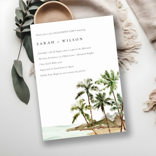 Rustic Tropical Palm Trees Beach Sand Engagement Invitation (Creator Uploaded)