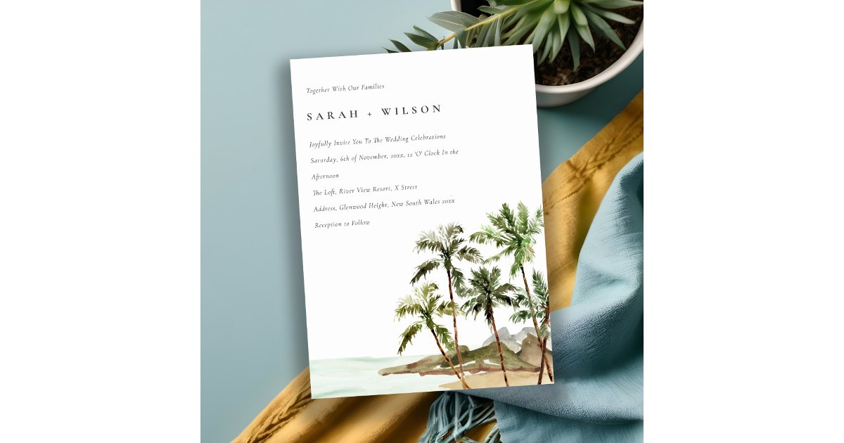 Rustic Tropical Palm Trees Beach Sand Wedding Invitation | Zazzle