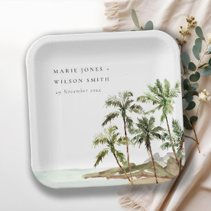Rustic Tropical Palm Trees Beach Sand Wedding Paper Plate
