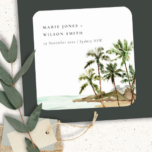 Rustic Tropical Palm Trees Beach Sand Wedding Square Paper Coaster