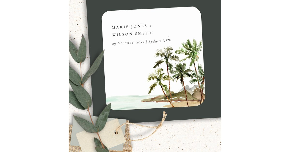 Rustic Tropical Palm Trees Beach Sand Wedding Square Paper Coaster | Zazzle