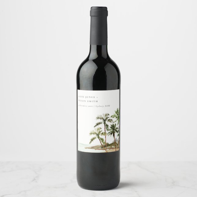 Rustic Tropical Palm Trees Beach Sand Wedding Wine Label (Front)
