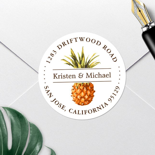 Rustic Tropical Pineapple Luau Return Address Classic Round Sticker (Add a touch of tropical flair to your mail with this vibrant Pineapple Luau Return Address Sticker!)