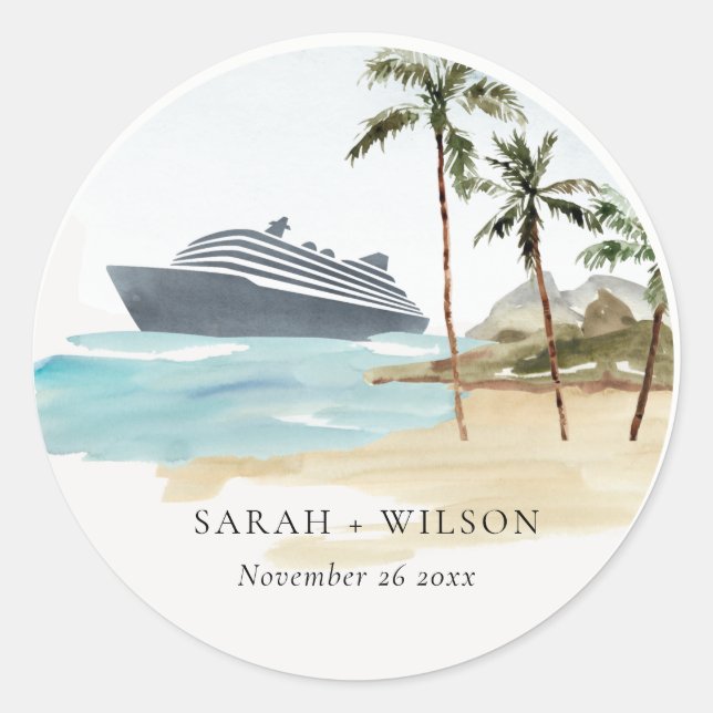 Rustic Tropical Seascape Beach Cruise Palm Wedding Classic Round Sticker (Front)