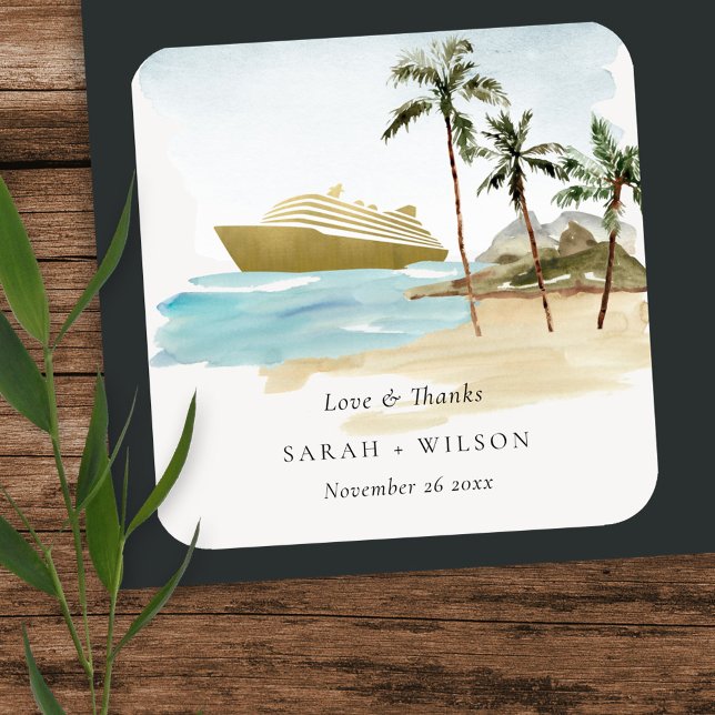 Rustic Tropical Seascape Beach Cruise Palm Wedding Square Sticker (Creator Uploaded)