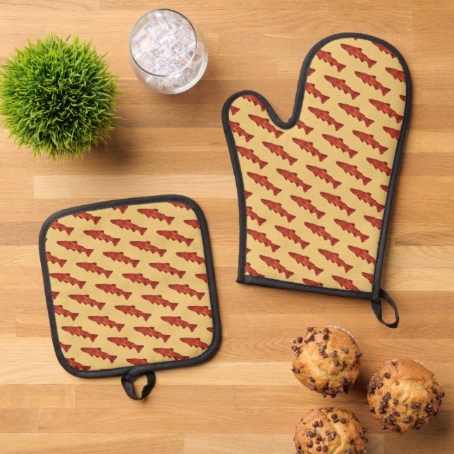 Rustic Trout Oven Mitt & Pot Holder Set (Top Down)
