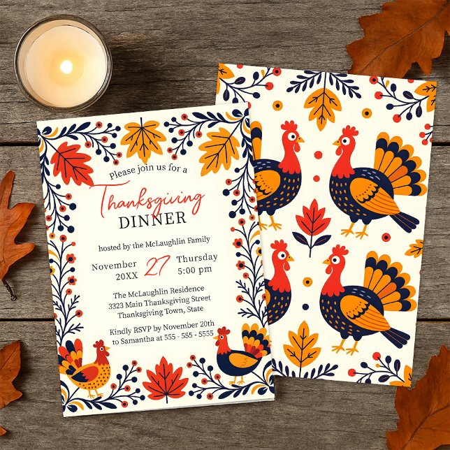 Rustic Turkey Autumn Leaves Thanksgiving Dinner Invitation (Creator Uploaded)