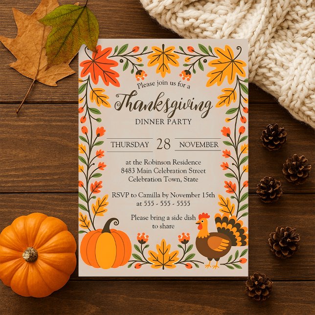 Rustic Turkey Fall Leaves Thanksgiving Potluck Invitation (Creator Uploaded)