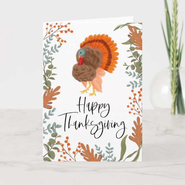 Rustic Turkey & Foliage Happy Thanksgiving Card (Front)