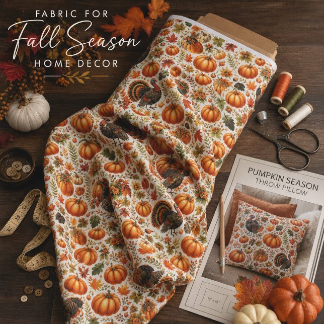 Rustic Turkeys  Pumpkins Fall Leaves Thanksgiving  Fabric (Creator Uploaded)