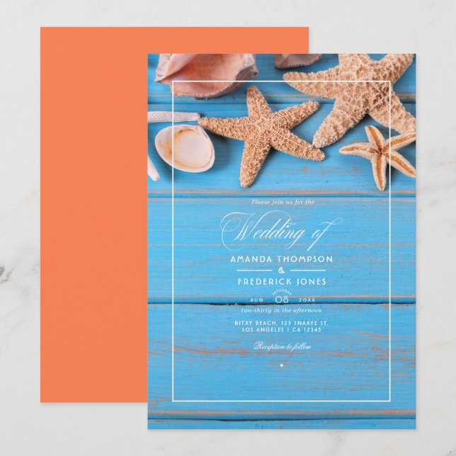Rustic Turquoise and Coral Beach Wedding Invitation (Front/Back)
