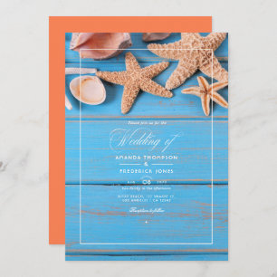 Rustic Turquoise and Coral Beach Wedding Invitation