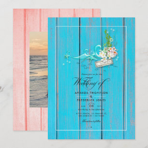 Rustic Turquoise and Coral Beach Wedding Photo Invitation