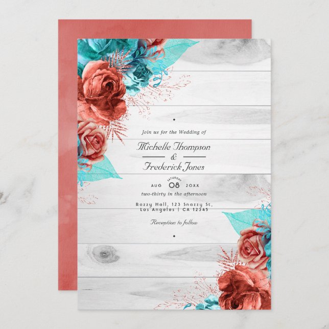 Rustic Turquoise and Coral Floral QR Code Wedding Invitation (Front/Back)