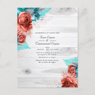 Rustic Turquoise and Coral Floral Wedding Announcement Postcard