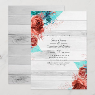 Rustic Turquoise and Coral Floral Wedding Invitation