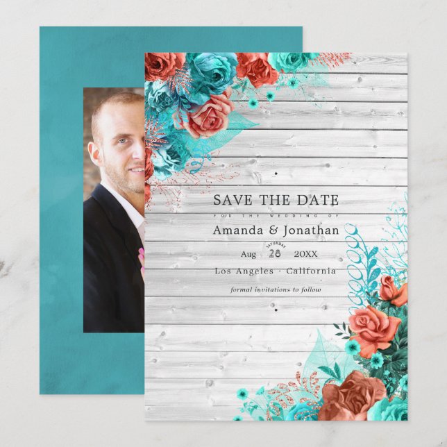 Rustic Turquoise and Coral Rustic Floral Wedding Save The Date (Front/Back)
