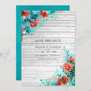 Rustic Turquoise and Coral Rustic Floral Wedding Save The Date