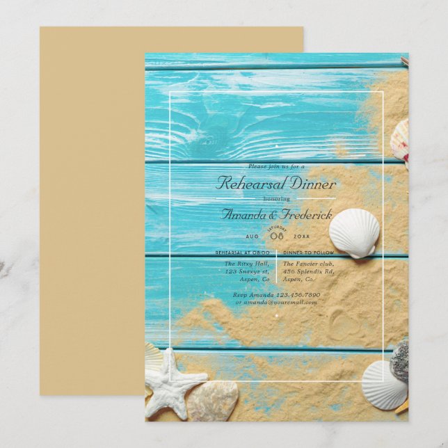 Rustic Turquoise Beach Wedding Rehearsal Dinner Invitation (Front/Back)