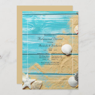 Rustic Turquoise Beach Wedding Rehearsal Dinner Invitation