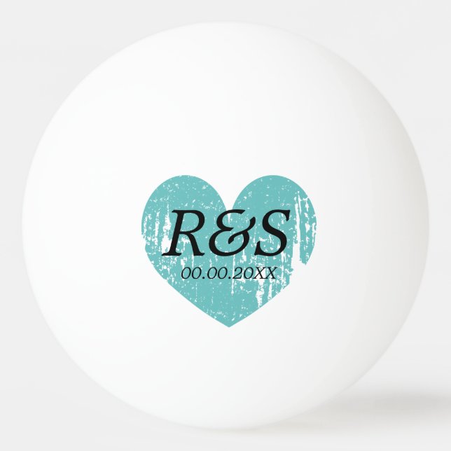 Rustic turquoise blue heart monogram wedding party ping pong ball (Front)