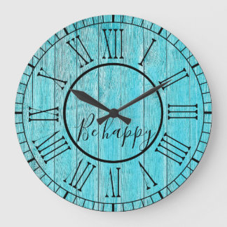 Rustic Turquoise Blue Wood Be Happy Quote   Large Clock
