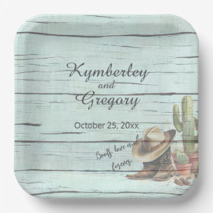 Rustic Turquoise Country Western Boots Hat Paper Plate