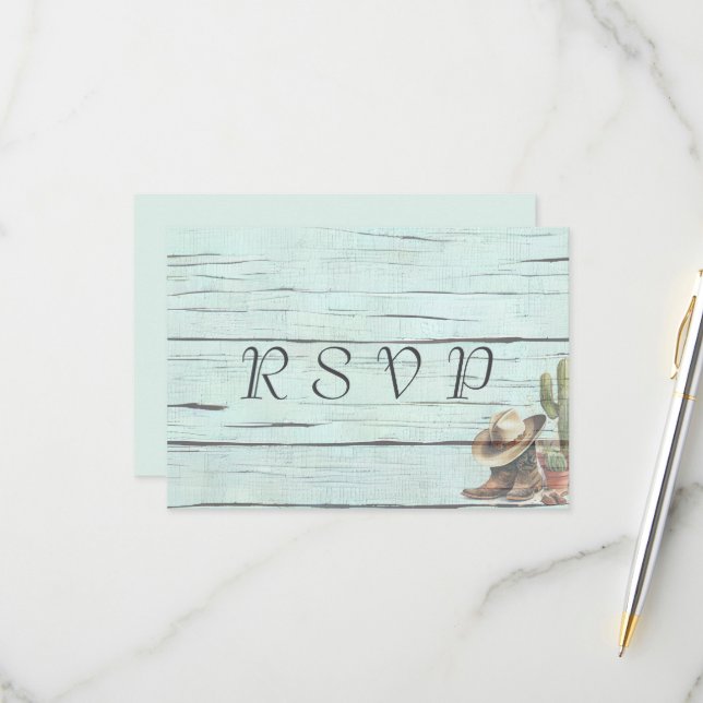 Rustic Turquoise Country Western Wedding RSVP Card (Front/Back In Situ)