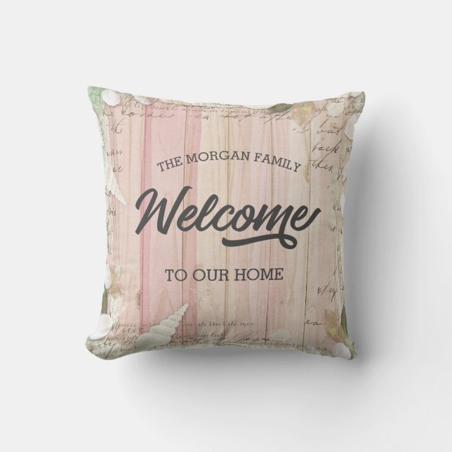 rustic turquoise floral welcome family cushion (Front)