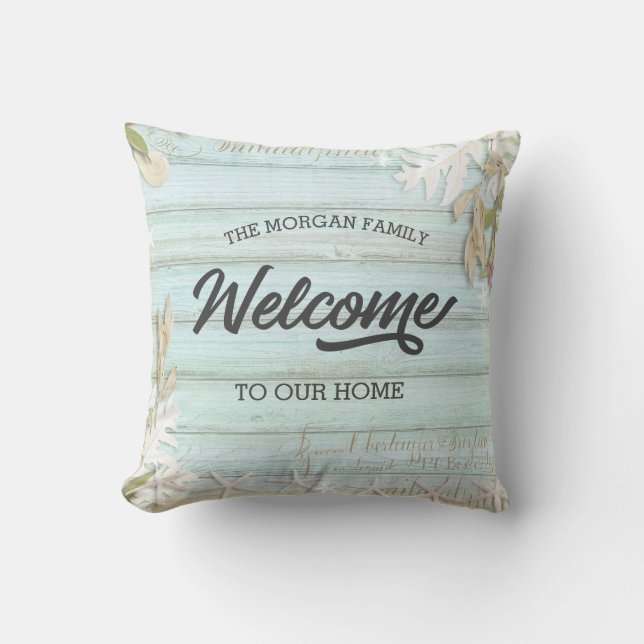 rustic turquoise floral welcome family  throw pill cushion (Front)