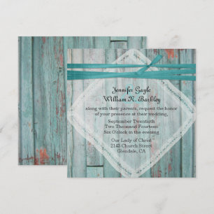 Rustic Turquoise Painted Wood Wedding Invitation