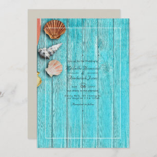 Rustic Turquoise QR Code RSVP Beach Wedding Invitation