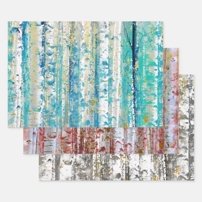 Rustic Turquoise Rust and Yellow Birch Trees Wrapping Paper Sheet (Set)