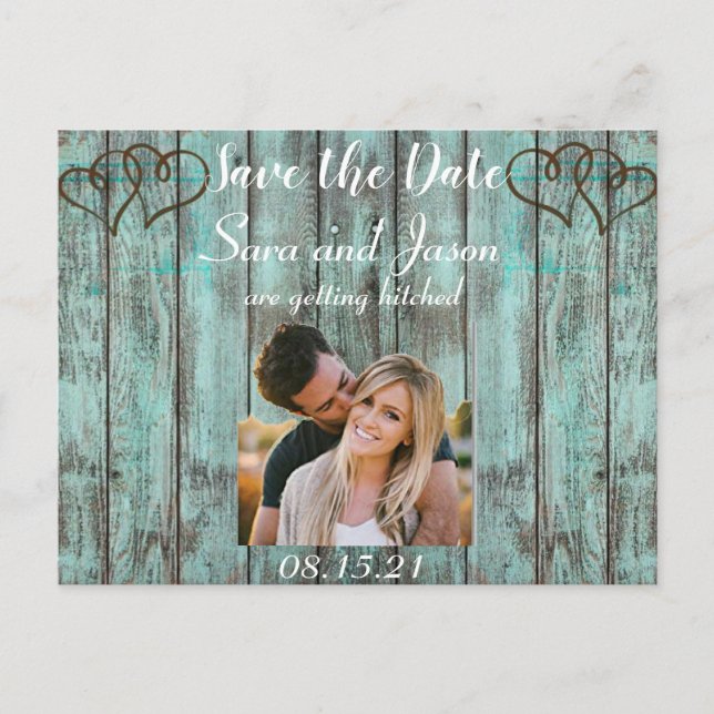 Rustic turquoise Save the Date Announcement Postcard (Front)