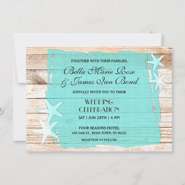 Rustic Turquoise Starfish Seashell Wedding Invite (Front)