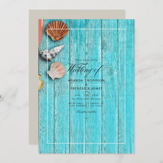 Rustic Turquoise Summer Beach Wedding Invitation (Front/Back)