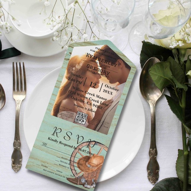 Rustic Turquoise Weathered Wood QR Code Photo All In One Invitation (Creator Uploaded)