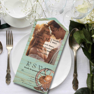 Rustic Turquoise Weathered Wood Western Photo All In One Invitation