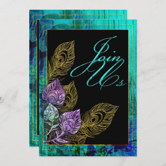 Rustic Turquoise Wood and Peacock Feather Invitation