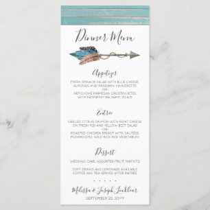 Rustic Turquoise Wood Boho Feather Dinner Menu
