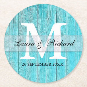 Rustic Turquoise Wood Country Wedding Monogram Round Paper Coaster